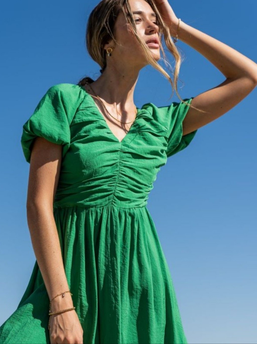 Nwts Bohme Green Ruched Puff-Sleeve Baby Doll Style Mini Dress